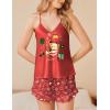 Ekouaer Satin Pajama Set for Women 2 Piece Camisole Top and Shorts Silk Lingerie with Ruffle Floral Nightwear(Red Christmas Teddy)