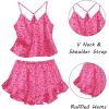 Ekouaer Satin Pajama Set for Women 2 Piece Camisole Top and Shorts Silk Lingerie with Ruffle Floral Nightwear(Rose Red Leopard)