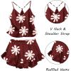 Ekouaer Satin Pajama Set for Women 2 Piece Camisole Top and Shorts Silk Lingerie with Ruffle Floral Nightwear(Wine Red Flower)