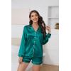 Ekouaer Satin Pajama Set for Women Button Down Pj Set Long Sleeve Top and Shorts 2 Piece Loungewear Summer Soft Sleepwear(Blue Green)
