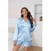 Ekouaer Satin Pajama Set for Women Button Down Pj Set Long Sleeve Top and Shorts 2 Piece Loungewear Summer Soft Sleepwear(Clear Blue)