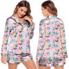 Ekouaer Satin Pajama Set for Women Button Down Pj Set Long Sleeve Top and Shorts 2 Piece Loungewear Summer Soft Sleepwear(Ocean Cats)
