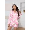 Ekouaer Satin Pajama Set for Women Button Down Pj Set Long Sleeve Top and Shorts 2 Piece Loungewear Summer Soft Sleepwear(Pink Flowers)