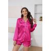 Ekouaer Satin Pajama Set for Women Button Down Pj Set Long Sleeve Top and Shorts 2 Piece Loungewear Summer Soft Sleepwear(Rose Red)