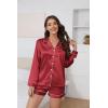 Ekouaer Satin Pajama Set for Women Button Down Pj Set Long Sleeve Top and Shorts 2 Piece Loungewear Summer Soft Sleepwear(Wine Red)