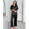 Ekouaer Silk Pajamas for Women Satin Short Sleeve Pajamas Set with Ruffle 2 Pieces Button Down Tops and Pants(Black)