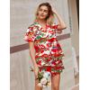 Ekouaer Silk Satin Pajamas 2 Piece Pajamas for Women Set Button Down PJ Short Sleeve and Shorts Pjs Lounge Sets(Red-santa Claus on Vacation)
