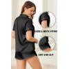 Ekouaer Silk Satin Pajamas Set Short Sleeve Pj Sets Black & White Contrast Piping Pjs Button Down Lounge Sets 2 Piece(Black)
