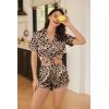 Ekouaer Silk Satin Pajamas Set Short Sleeve Pj Sets Black & White Contrast Piping Pjs Button Down Lounge Sets 2 Piece(Leopard)