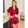 Ekouaer Silk Satin Pajamas Set Short Sleeve Pj Sets Black & White Contrast Piping Pjs Button Down Lounge Sets 2 Piece(Wine Red)