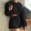 Ekouaer Waffle Knit Pajama Sets for Women Solid Lounge Sets Long Sleeve Top and Shorts Pjs S-XXL(Black)