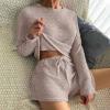 Ekouaer Waffle Knit Pajama Sets for Women Solid Lounge Sets Long Sleeve Top and Shorts Pjs S-XXL(Light Khaki)