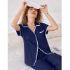 Ekouaer Women Pajamas Button Down Notch Collar Soft Short Sleeve Pjs with Long Pant Lounge Set(Navy Blue)