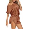 Ekouaer Women Satin Pajama Set Short Sleeve Lightweight Silk Pajama Set 2 Piece Lounge Sets with Shorts(Dark Brown)