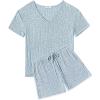 Ekouaer Womens 2 Piece Lounge Sets Summer Two Piece Outfits Ribbed Knit V Neck Short Sleeve Tee and Pockets Shorts Sets(Blue)