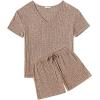 Ekouaer Womens 2 Piece Lounge Sets Summer Two Piece Outfits Ribbed Knit V Neck Short Sleeve Tee and Pockets Shorts Sets(Brown)