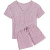 Ekouaer Womens 2 Piece Lounge Sets Summer Two Piece Outfits Ribbed Knit V Neck Short Sleeve Tee and Pockets Shorts Sets(Lilac)