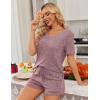 Ekouaer Womens 2 Piece Lounge Sets Summer Two Piece Outfits Ribbed Knit V Neck Short Sleeve Tee and Pockets Shorts Sets(Wine Red)