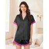 Ekouaer Womens Lace Satin Pajama Set Button Down Pj Shorts Set Bridesmaids Getting Ready Outfits Casual Sleepwear XS-XXL(Black With Rose Red Lace Trim)
