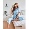 Ekouaer Womens Satin Pajamas Silk Capri Pjs 2 Piece Lounge Sets Short Sleeve Button Down Sleepwear(Light Blue)