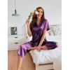 Ekouaer Womens Satin Pajamas Silk Capri Pjs 2 Piece Lounge Sets Short Sleeve Button Down Sleepwear(Purple Wine)