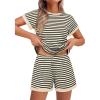 EKOUAER 2 Piece Sets for Women Summer Outfits Cute Stripe Knit T Shirts Shorts Matching Lounge Set(Beige Striped)