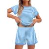 EKOUAER 2 Piece Sets for Women Summer Outfits Cute Stripe Knit T Shirts Shorts Matching Lounge Set(Blue Striped)