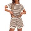 EKOUAER 2 Piece Sets for Women Summer Outfits Cute Stripe Knit T Shirts Shorts Matching Lounge Set(Brown Striped)