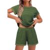 EKOUAER 2 Piece Sets for Women Summer Outfits Cute Stripe Knit T Shirts Shorts Matching Lounge Set(Green Striped)