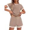 EKOUAER 2 Piece Sets for Women Summer Outfits Cute Stripe Knit T Shirts Shorts Matching Lounge Set(Khaki)