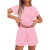 EKOUAER 2 Piece Sets for Women Summer Outfits Cute Stripe Knit T Shirts Shorts Matching Lounge Set(Pink Striped)