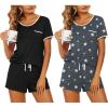 Ekouaer 2 Pack Womens Pajama Sets Lightweight Summer Pajamas Short Sleeve Pj Top with Shorts, Chest Pocket(Black/Grey Stars)
