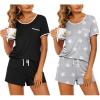 Ekouaer 2 Pack Womens Pajama Sets Lightweight Summer Pajamas Short Sleeve Pj Top with Shorts, Chest Pocket(Black/Light Gary Stars)