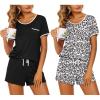 Ekouaer 2 Pack Womens Pajama Sets Lightweight Summer Pajamas Short Sleeve Pj Top with Shorts, Chest Pocket(Black/White Leopard)