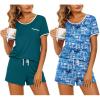 Ekouaer 2 Pack Womens Pajama Sets Lightweight Summer Pajamas Short Sleeve Pj Top with Shorts, Chest Pocket(Blue Green/Blue Good Night)