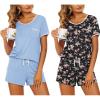 Ekouaer 2 Pack Womens Pajama Sets Lightweight Summer Pajamas Short Sleeve Pj Top with Shorts, Chest Pocket(Light Blue/Black Flower)