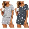 Ekouaer 2 Pack Womens Pajama Sets Lightweight Summer Pajamas Short Sleeve Pj Top with Shorts, Chest Pocket(Light Gary Stars/Grey Stars)