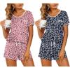Ekouaer 2 Pack Womens Pajama Sets Lightweight Summer Pajamas Short Sleeve Pj Top with Shorts, Chest Pocket(Pink Leopard/Black Leopard)