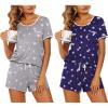 Ekouaer 2 Pack Womens Pajama Sets Lightweight Summer Pajamas Short Sleeve Pj Top with Shorts, Chest Pocket(Pink Stars/Purple Stars)