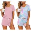Ekouaer 2 Pack Womens Pajama Sets Lightweight Summer Pajamas Short Sleeve Pj Top with Shorts, Chest Pocket(Pink/Tie Dye)