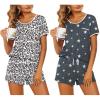 Ekouaer 2 Pack Womens Pajama Sets Lightweight Summer Pajamas Short Sleeve Pj Top with Shorts, Chest Pocket(White Leopard/Grey Stars)