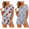 Ekouaer 2 Pack Womens Pajama Sets Lightweight Summer Pajamas Short Sleeve Pj Top with Shorts, Chest Pocket(Wine Red Flower/Grey Owl)