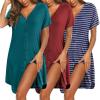Ekouaer 3 Pack Women’s Nightshirt Button Down Nightgown Short Sleeve Sleepshirt V Neck Pajama Dress with Pockets(Blue Green/Wine Red/Navy Striped)