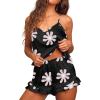 Ekouaer Satin Pajama Set for Women 2 Piece Camisole Top and Shorts Silk Lingerie with Ruffle Floral Nightwear(Black Flower)