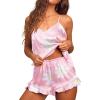 Ekouaer Satin Pajama Set for Women 2 Piece Camisole Top and Shorts Silk Lingerie with Ruffle Floral Nightwear(Pink Flower)