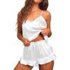 Ekouaer Satin Pajama Set for Women 2 Piece Camisole Top and Shorts Silk Lingerie with Ruffle Floral Nightwear(Pure White)