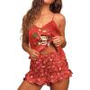 Ekouaer Satin Pajama Set for Women 2 Piece Camisole Top and Shorts Silk Lingerie with Ruffle Floral Nightwear(Red Christmas Teddy)