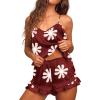 Ekouaer Satin Pajama Set for Women 2 Piece Camisole Top and Shorts Silk Lingerie with Ruffle Floral Nightwear(Wine Red Flower)