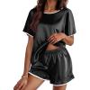 Ekouaer Satin Pajama Set for Women 2 Piece Silk Pjs Soft Short Sleeve Sleepwear Top with Ruffle Shorts S-XXL(Black)