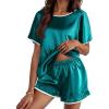 Ekouaer Satin Pajama Set for Women 2 Piece Silk Pjs Soft Short Sleeve Sleepwear Top with Ruffle Shorts S-XXL(Blue Green)